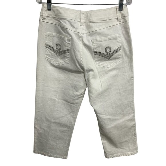 Chicos Platinum White Cropped Jeans Embellished Pockets Sz 10 - Picture 2 of 10